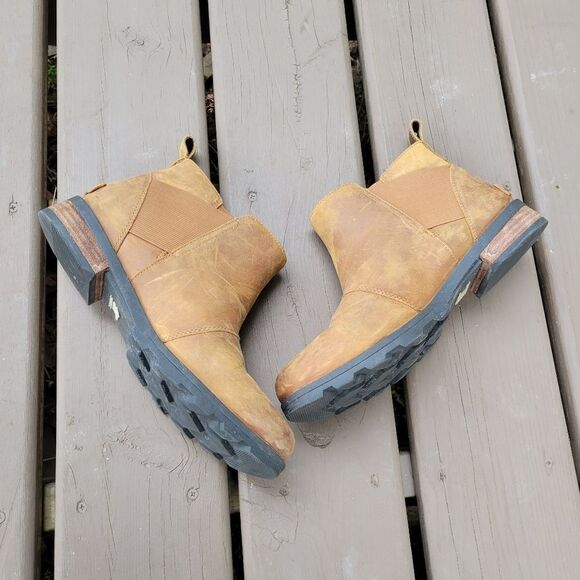 Sorel Emelie Camel Tan Brown Oiled Leather Waterproof Chelsea Ankle Boots Bootie - Picture 5 of 9